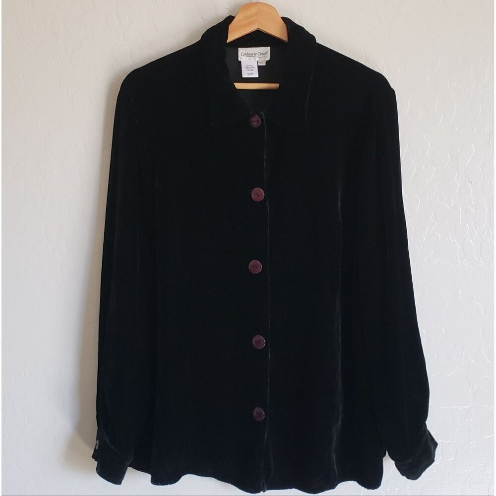 Coldwater Creek Black Velvet Burgundy Button Up Top Size XL Vamp Goth Whimsigoth